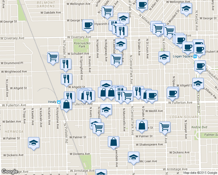 map of restaurants, bars, coffee shops, grocery stores, and more near 3710 West Altgeld Street in Chicago
