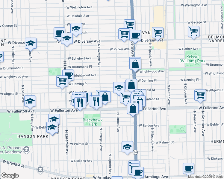 map of restaurants, bars, coffee shops, grocery stores, and more near 4930 West Altgeld Street in Chicago
