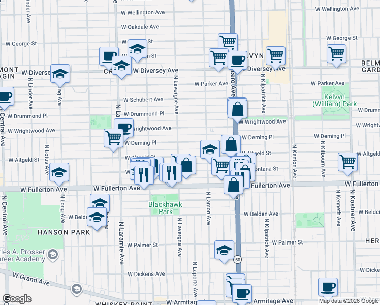 map of restaurants, bars, coffee shops, grocery stores, and more near 4930 West Altgeld Street in Chicago
