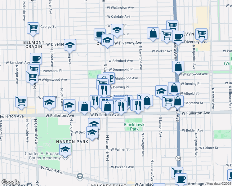 map of restaurants, bars, coffee shops, grocery stores, and more near 5117 West Deming Place in Chicago