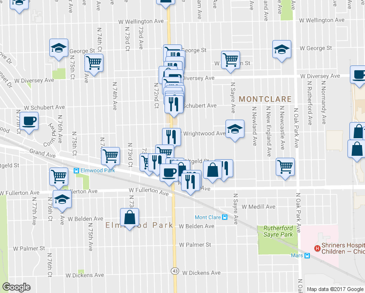 map of restaurants, bars, coffee shops, grocery stores, and more near 2536 North Neva Avenue in Chicago