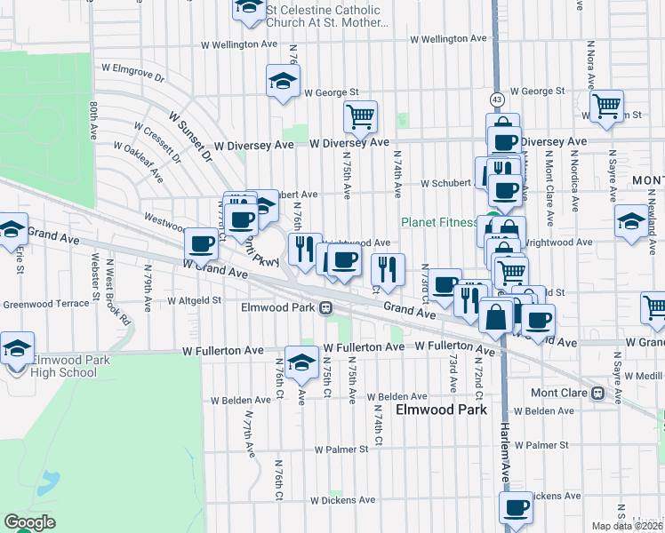 map of restaurants, bars, coffee shops, grocery stores, and more near 2529 North 75th Court in Elmwood Park