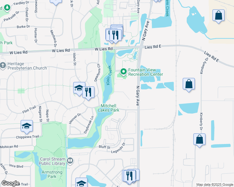 map of restaurants, bars, coffee shops, grocery stores, and more near 147 West Elk Trail in Carol Stream
