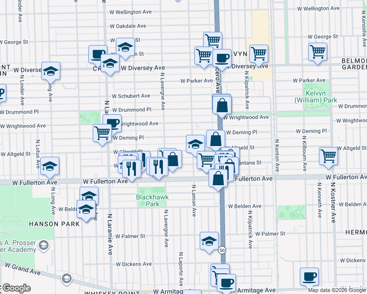 map of restaurants, bars, coffee shops, grocery stores, and more near 4930 West Altgeld Street in Chicago