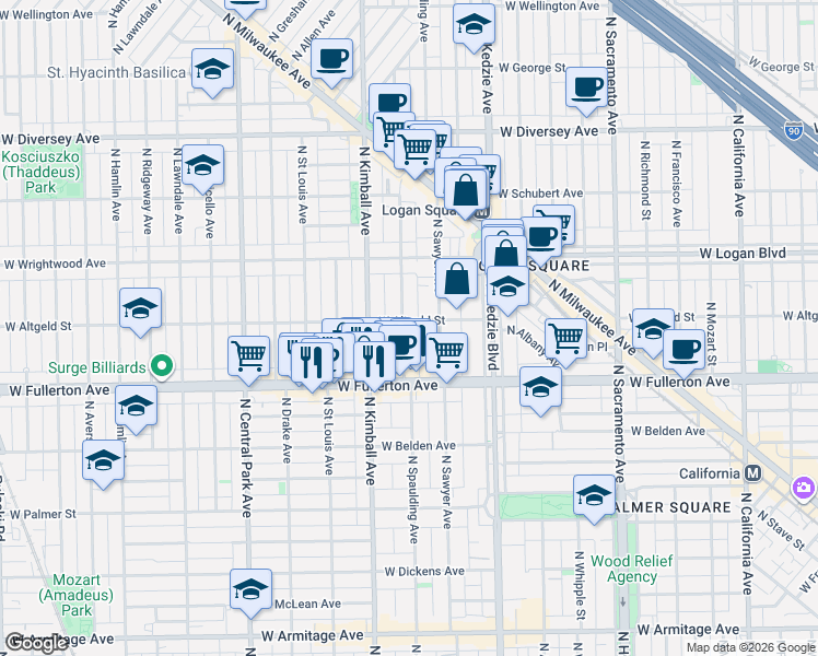 map of restaurants, bars, coffee shops, grocery stores, and more near 2453 North Spaulding Avenue in Chicago
