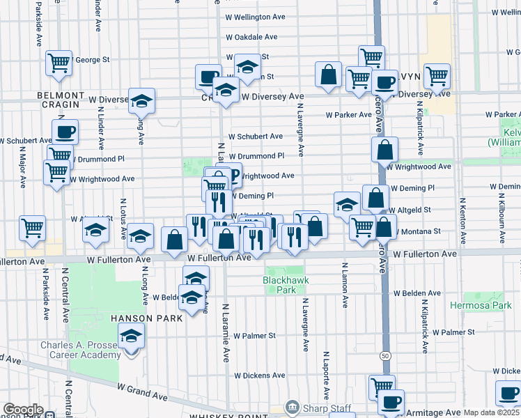 map of restaurants, bars, coffee shops, grocery stores, and more near 2508 North Leclaire Avenue in Chicago