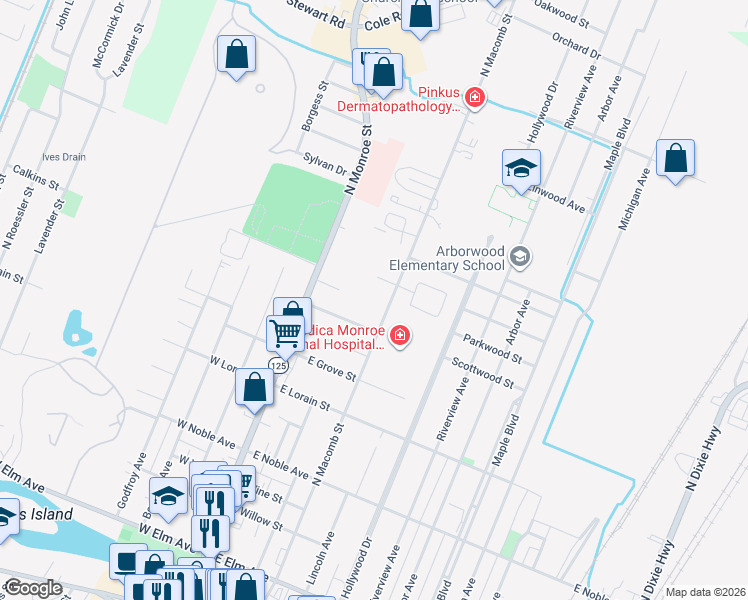 map of restaurants, bars, coffee shops, grocery stores, and more near 721 North Macomb Street in Monroe