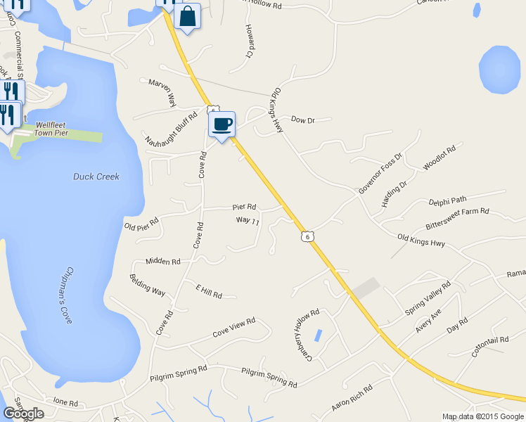 map of restaurants, bars, coffee shops, grocery stores, and more near 85 Pier Road in Wellfleet