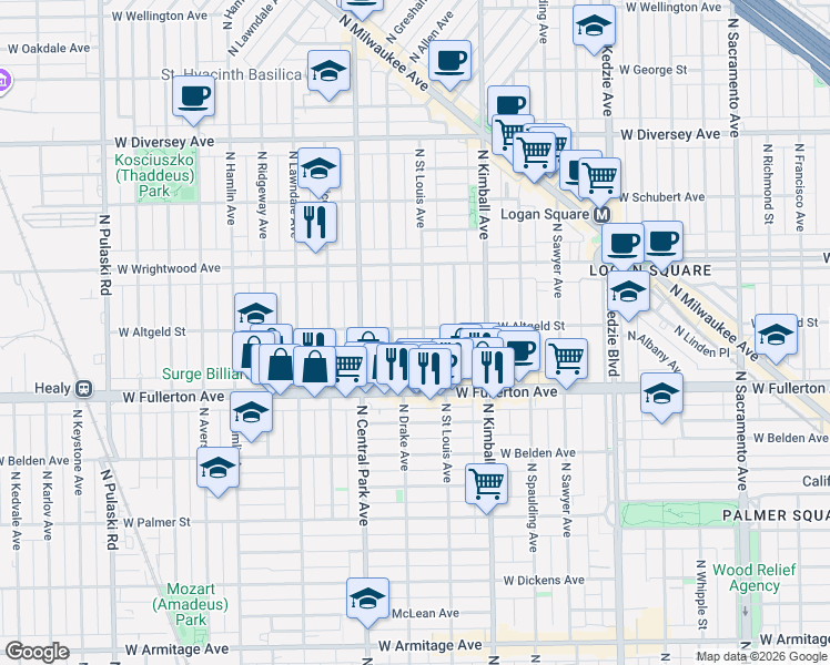 map of restaurants, bars, coffee shops, grocery stores, and more near 3518 West Altgeld Street in Chicago