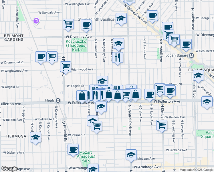 map of restaurants, bars, coffee shops, grocery stores, and more near 3710 West Altgeld Street in Chicago