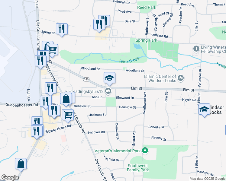 map of restaurants, bars, coffee shops, grocery stores, and more near 459 Elm Street in Windsor Locks