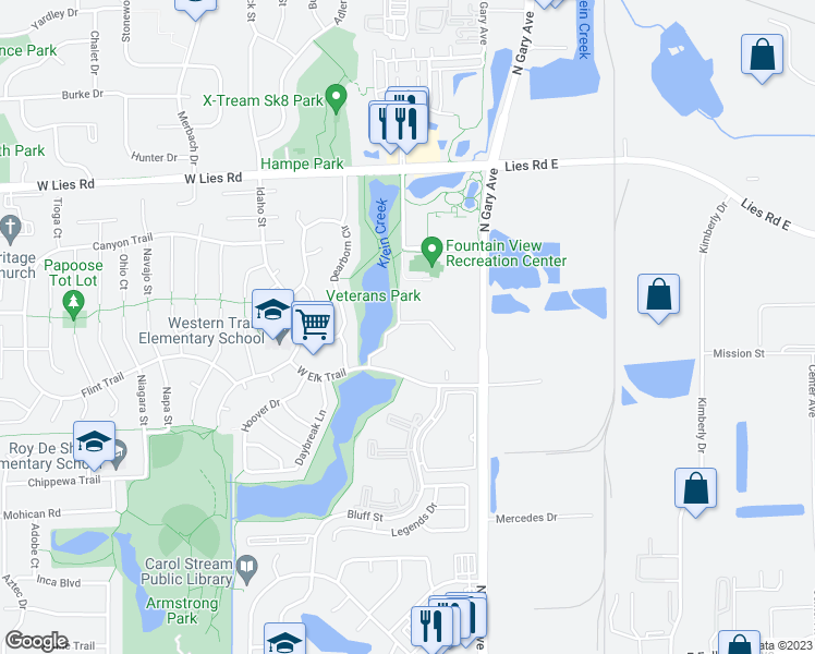 map of restaurants, bars, coffee shops, grocery stores, and more near 147 West Elk Trail in Carol Stream