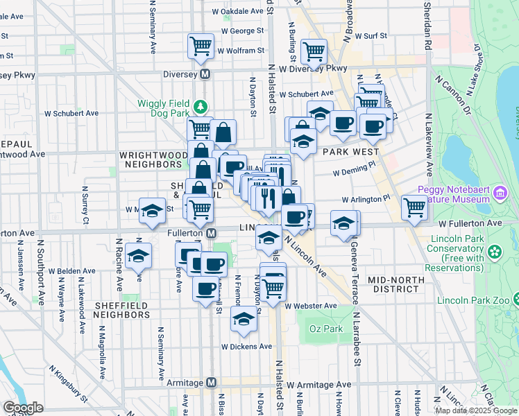 map of restaurants, bars, coffee shops, grocery stores, and more near 2433 North Lincoln Avenue in Chicago