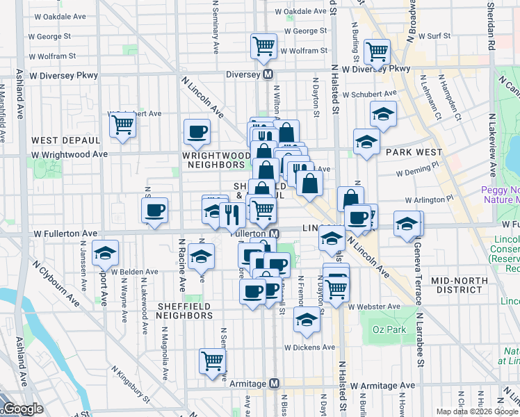 map of restaurants, bars, coffee shops, grocery stores, and more near N Sheffield Ave & W Montana St in Chicago
