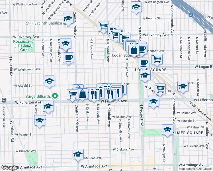 map of restaurants, bars, coffee shops, grocery stores, and more near 2456 North Kimball Avenue in Chicago