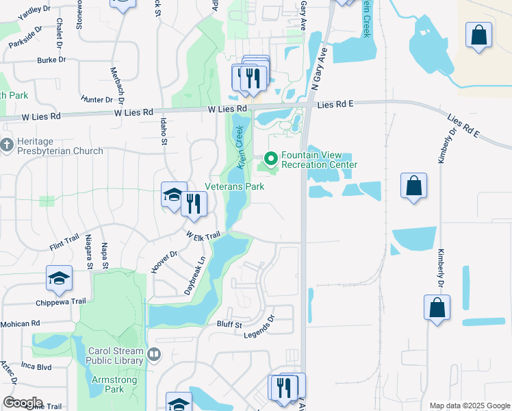 map of restaurants, bars, coffee shops, grocery stores, and more near 147 West Elk Trail in Carol Stream