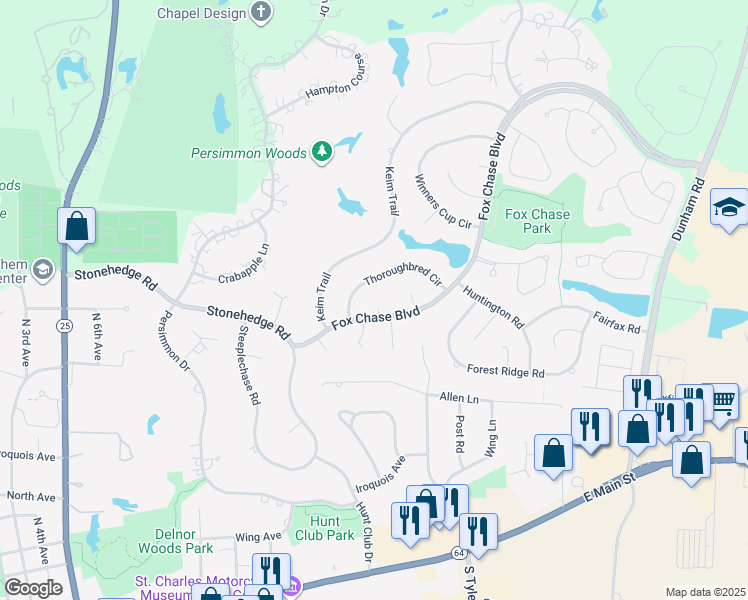 map of restaurants, bars, coffee shops, grocery stores, and more near 1410 Red Fox Court in St. Charles