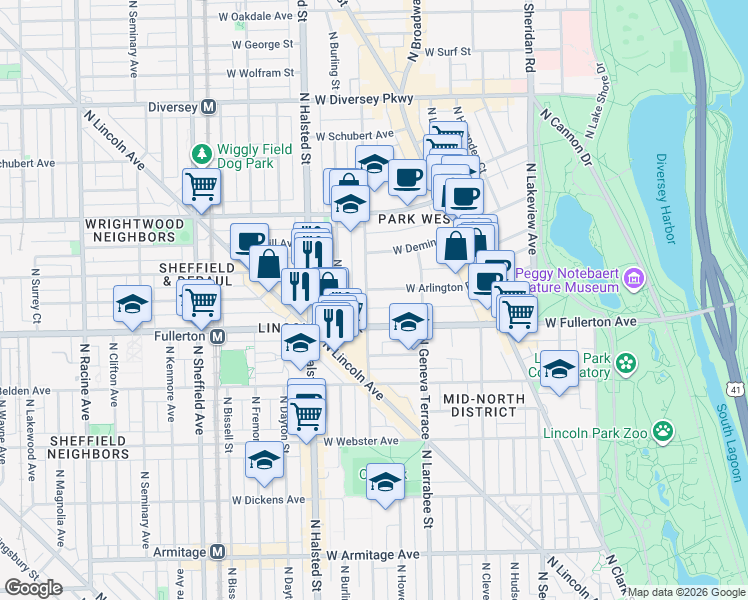 map of restaurants, bars, coffee shops, grocery stores, and more near 2427 North Orchard Street in Chicago