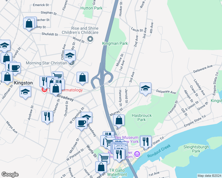 map of restaurants, bars, coffee shops, grocery stores, and more near 537 Delaware Avenue in Kingston