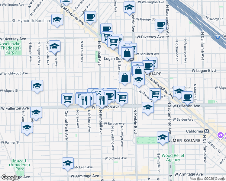 map of restaurants, bars, coffee shops, grocery stores, and more near 2455 North Spaulding Avenue in Chicago
