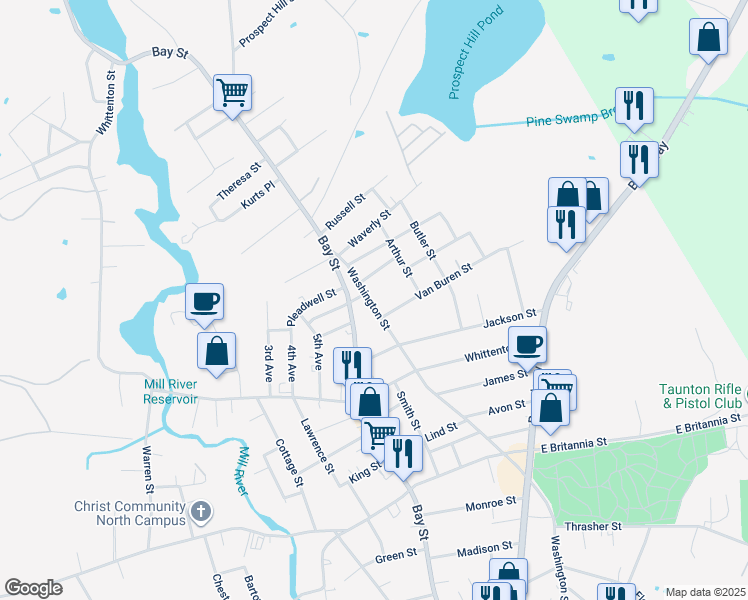 map of restaurants, bars, coffee shops, grocery stores, and more near 411 Washington Street in Taunton
