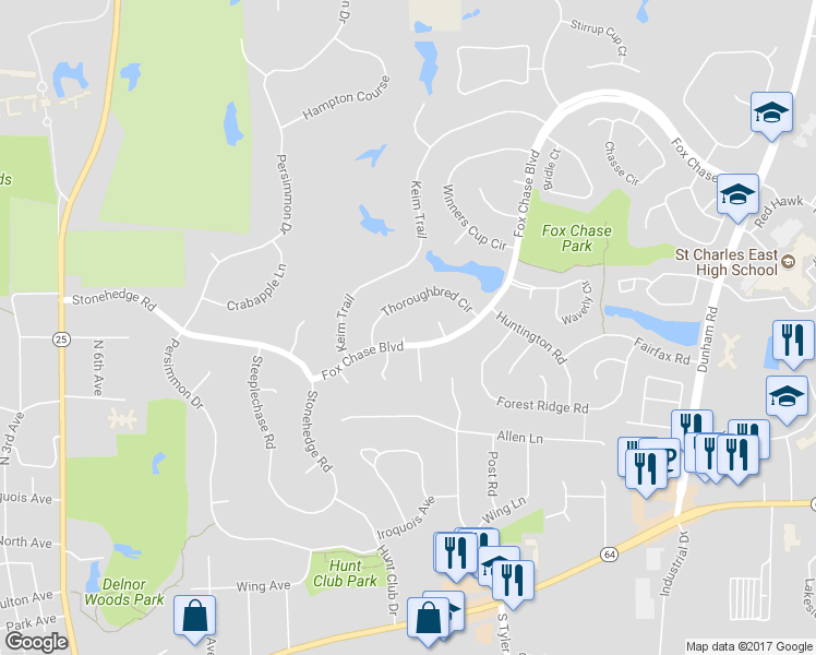 map of restaurants, bars, coffee shops, grocery stores, and more near 1410 Red Fox Court in St. Charles