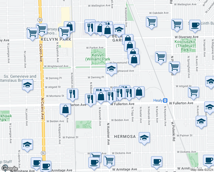 map of restaurants, bars, coffee shops, grocery stores, and more near West Altgeld Street in Chicago