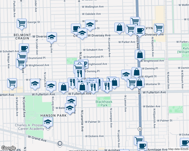 map of restaurants, bars, coffee shops, grocery stores, and more near 5117 West Deming Place in Chicago