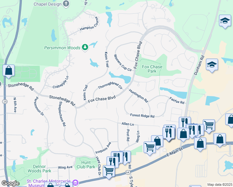 map of restaurants, bars, coffee shops, grocery stores, and more near 1518 Triple Crown Court in St. Charles