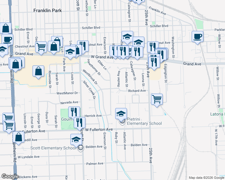 map of restaurants, bars, coffee shops, grocery stores, and more near 2623 Elder Lane in Franklin Park