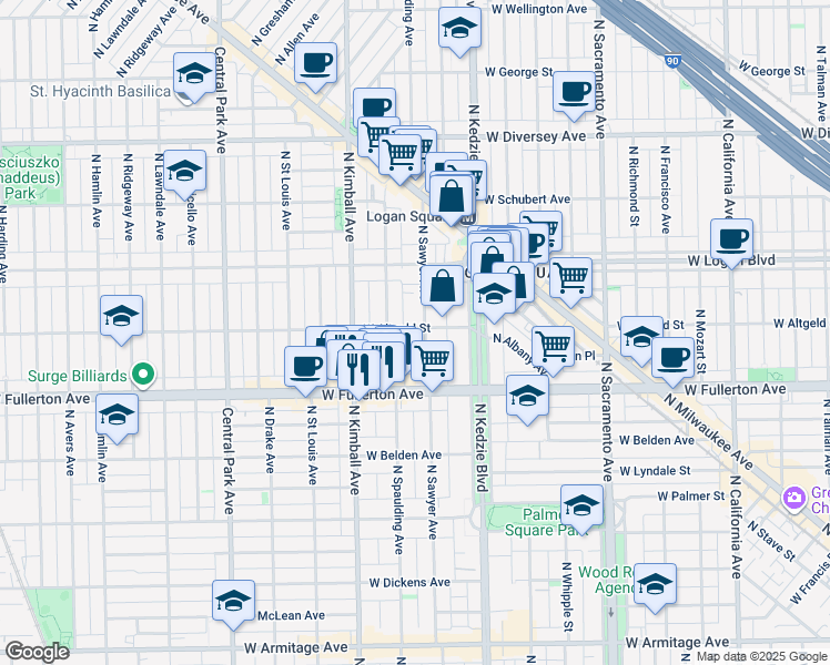 map of restaurants, bars, coffee shops, grocery stores, and more near 3255 West Altgeld Street in Chicago