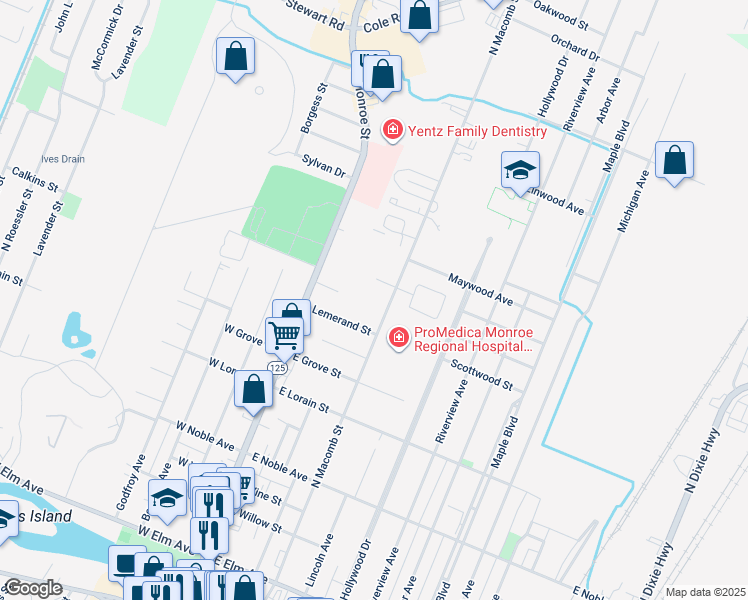 map of restaurants, bars, coffee shops, grocery stores, and more near 721 North Macomb Street in Monroe