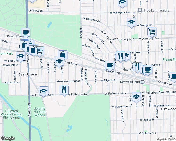 map of restaurants, bars, coffee shops, grocery stores, and more near 2535 North East Brook Road in Elmwood Park
