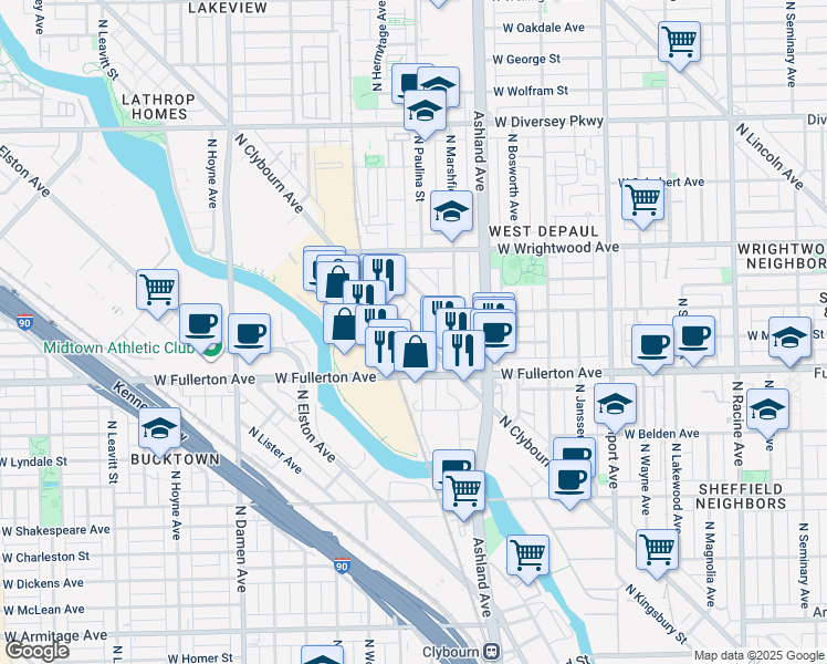map of restaurants, bars, coffee shops, grocery stores, and more near 2449 North Clybourn Avenue in Chicago