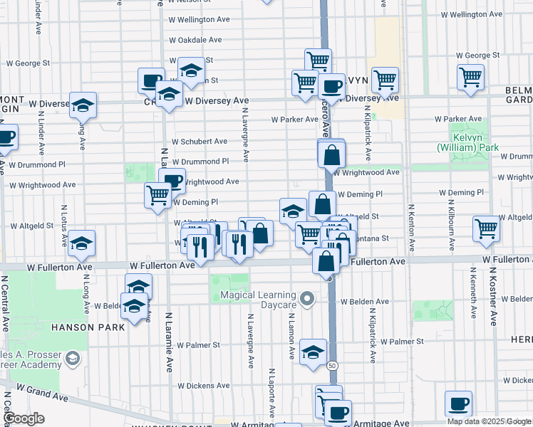 map of restaurants, bars, coffee shops, grocery stores, and more near 4930 West Altgeld Street in Chicago