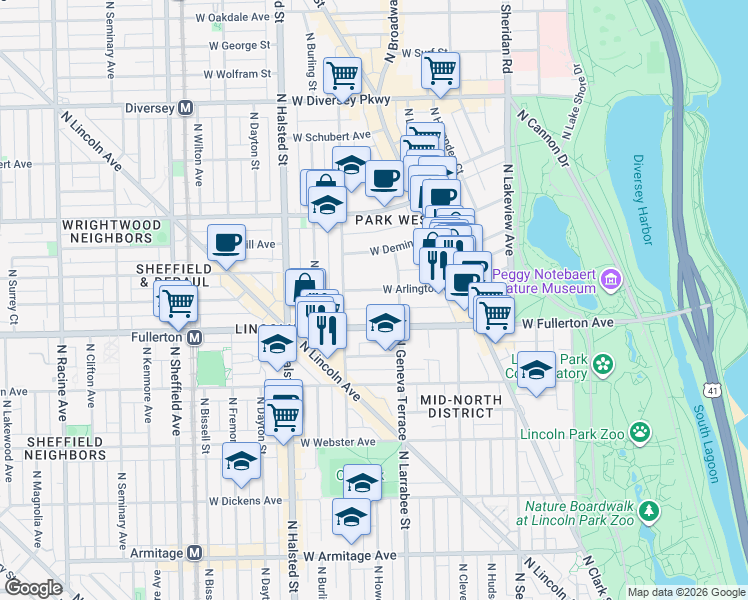 map of restaurants, bars, coffee shops, grocery stores, and more near 623 West Arlington Place in Chicago