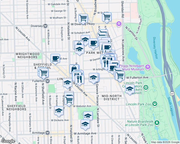 map of restaurants, bars, coffee shops, grocery stores, and more near 623 West Arlington Place in Chicago