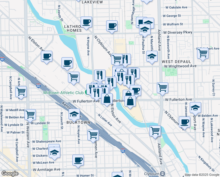 map of restaurants, bars, coffee shops, grocery stores, and more near 1830 West Fullerton Avenue in Chicago