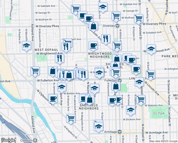 map of restaurants, bars, coffee shops, grocery stores, and more near 2437 North Racine Avenue in Chicago