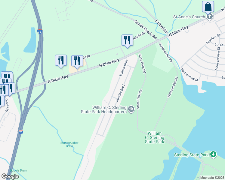 map of restaurants, bars, coffee shops, grocery stores, and more near 1574 Sunset Boulevard in Monroe