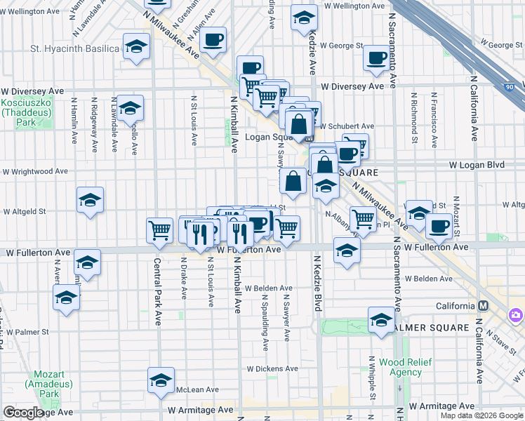 map of restaurants, bars, coffee shops, grocery stores, and more near 2454 North Spaulding Avenue in Chicago