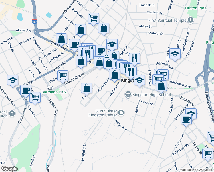 map of restaurants, bars, coffee shops, grocery stores, and more near 42 Pine Grove Avenue in Kingston