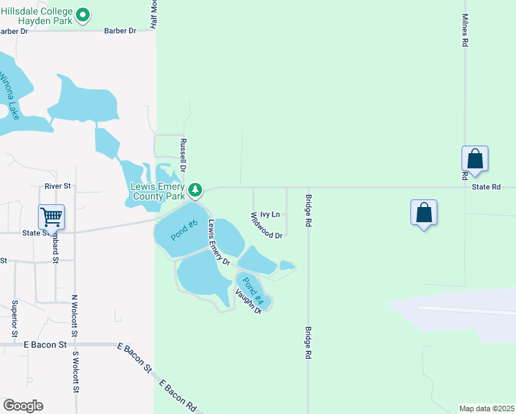 map of restaurants, bars, coffee shops, grocery stores, and more near 2350 Ivy Lane in Hillsdale