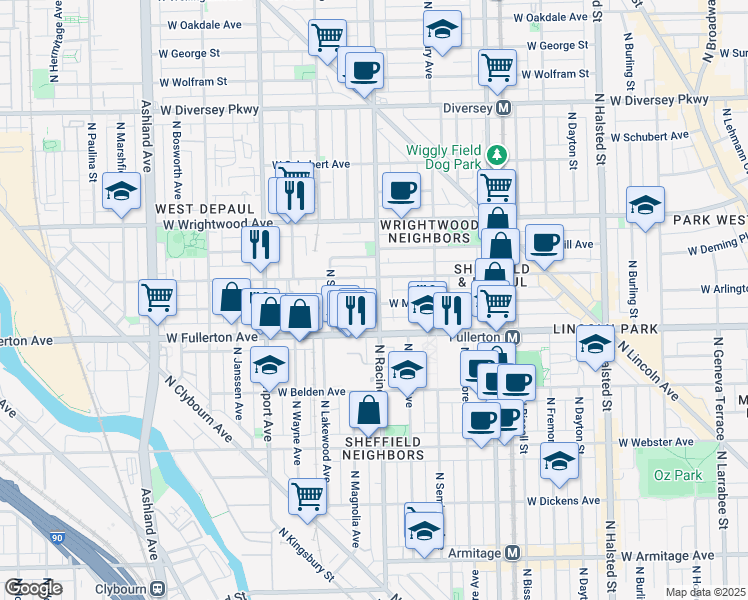 map of restaurants, bars, coffee shops, grocery stores, and more near 2440 North Racine Avenue in Chicago