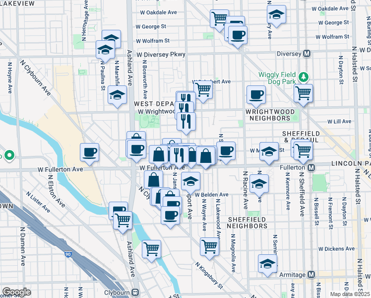 map of restaurants, bars, coffee shops, grocery stores, and more near 2440 North Southport Avenue in Chicago