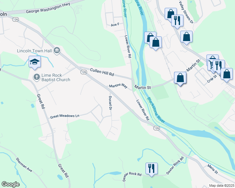 map of restaurants, bars, coffee shops, grocery stores, and more near 55 Old River Road in Lincoln