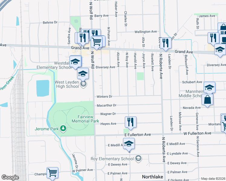map of restaurants, bars, coffee shops, grocery stores, and more near 809 North Prater Avenue in Northlake