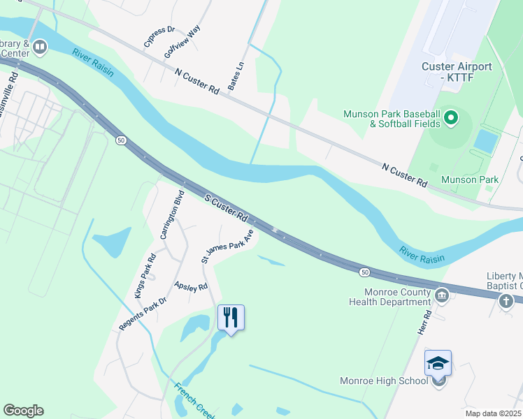 map of restaurants, bars, coffee shops, grocery stores, and more near 3042 South Custer Road in Monroe