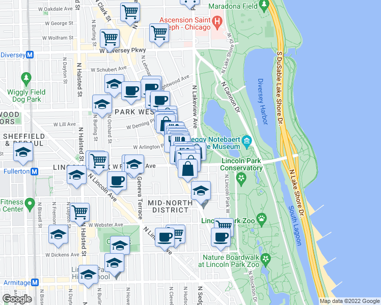 map of restaurants, bars, coffee shops, grocery stores, and more near 2430 North Lakeview Avenue in Chicago