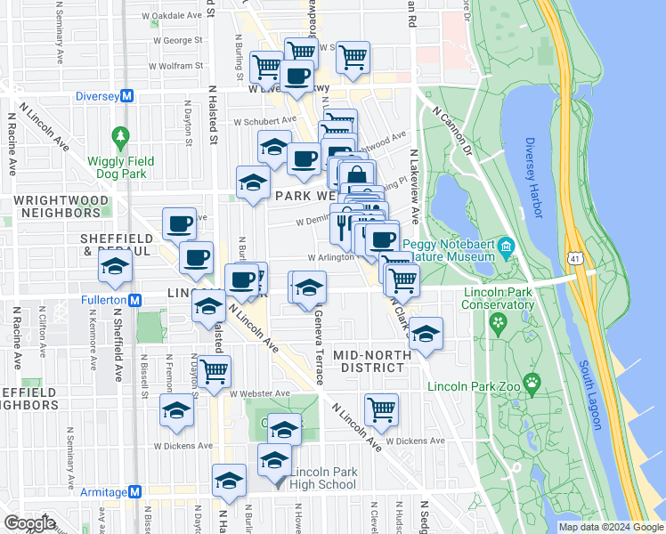 map of restaurants, bars, coffee shops, grocery stores, and more near 559 West Arlington Place in Chicago